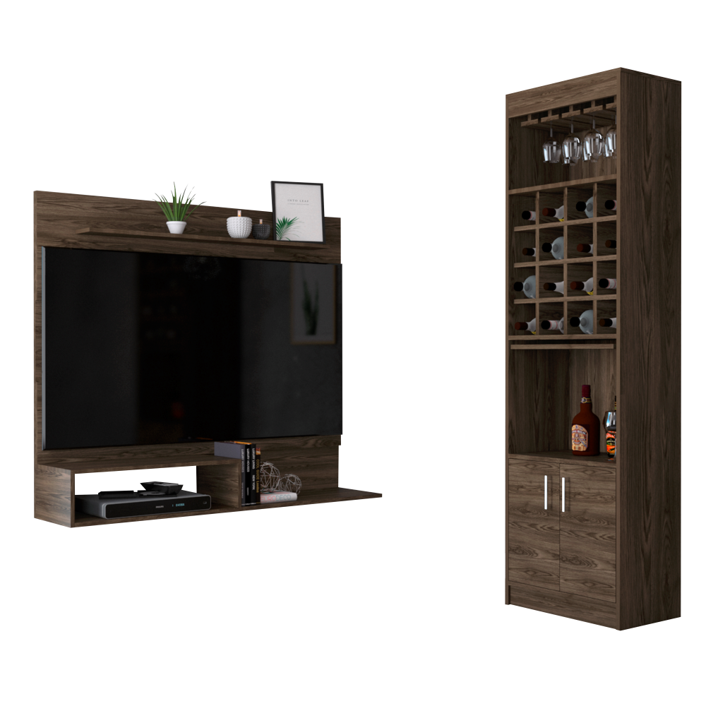 Panel TV + Bar Kava Color Coñac y Blanco Para Sala De Estar